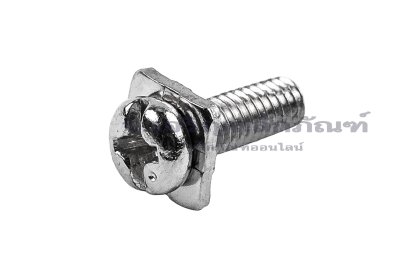 [E] น็อตยึดสายไฟ สแตนเลสชุบนิกเกิ้ล M4x12 mm พร้อมแหวนทรงสี่เหลี่ยม ขนาด 8x8 mm